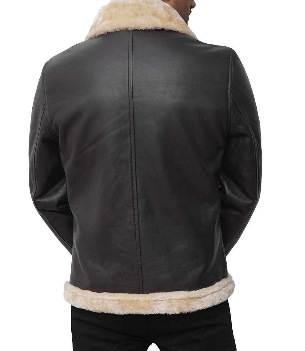 Real Leather Dark Brown Bomber Fur Aviator Jacket Men's