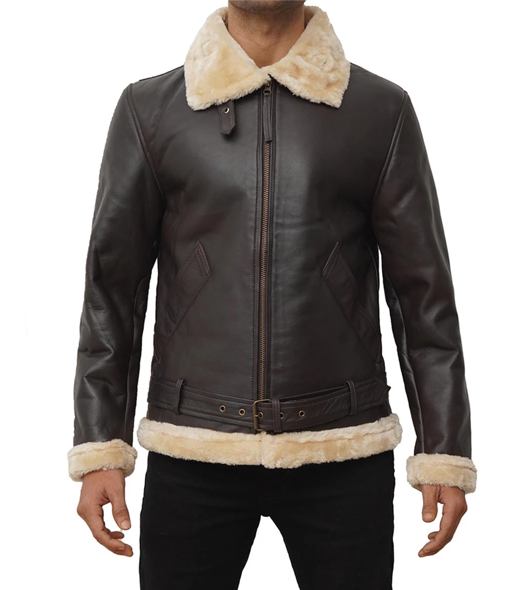 Real Leather Dark Brown Bomber Fur Aviator Jacket Men's