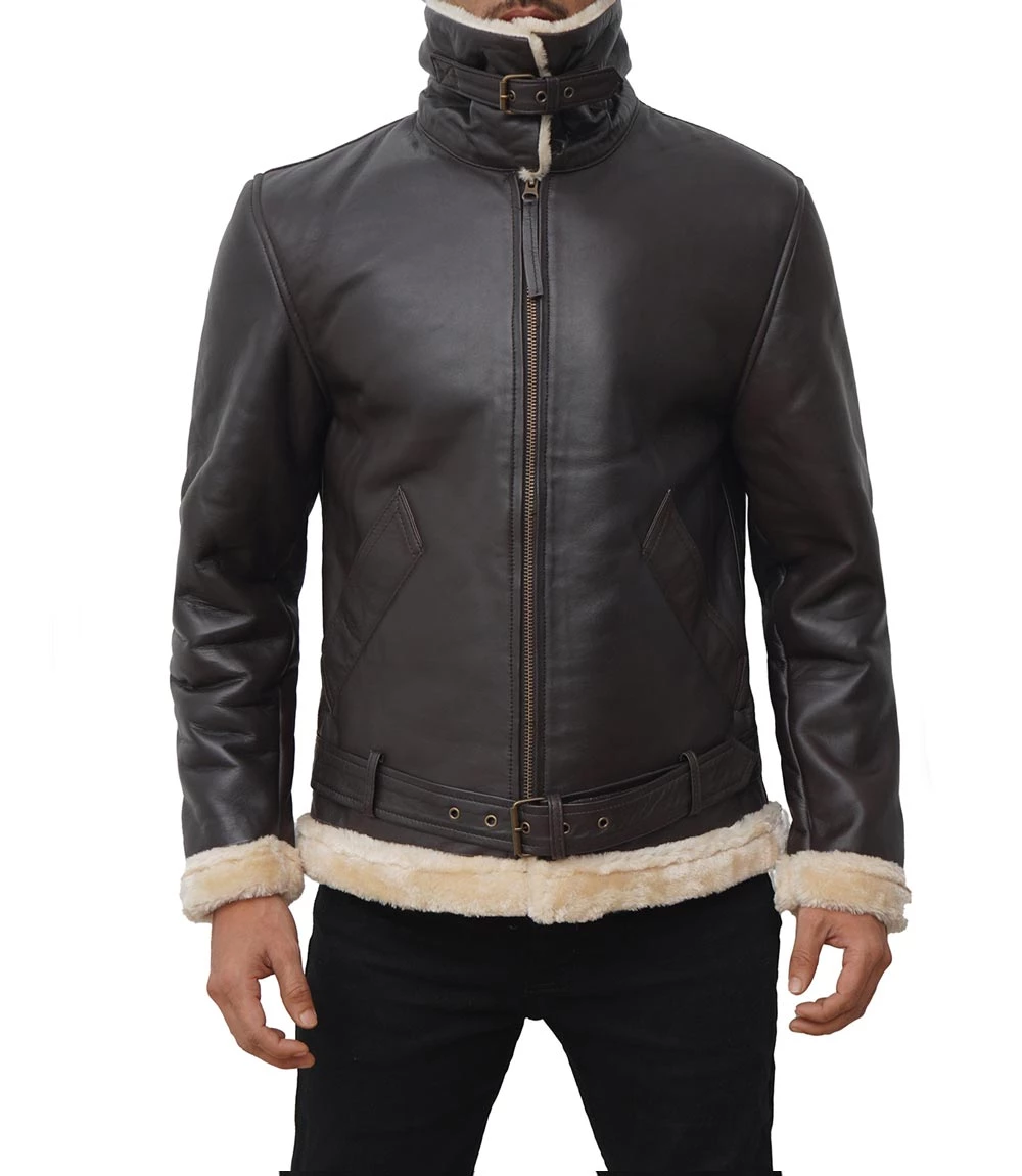 Real Leather Dark Brown Bomber Fur Aviator Jacket Men's