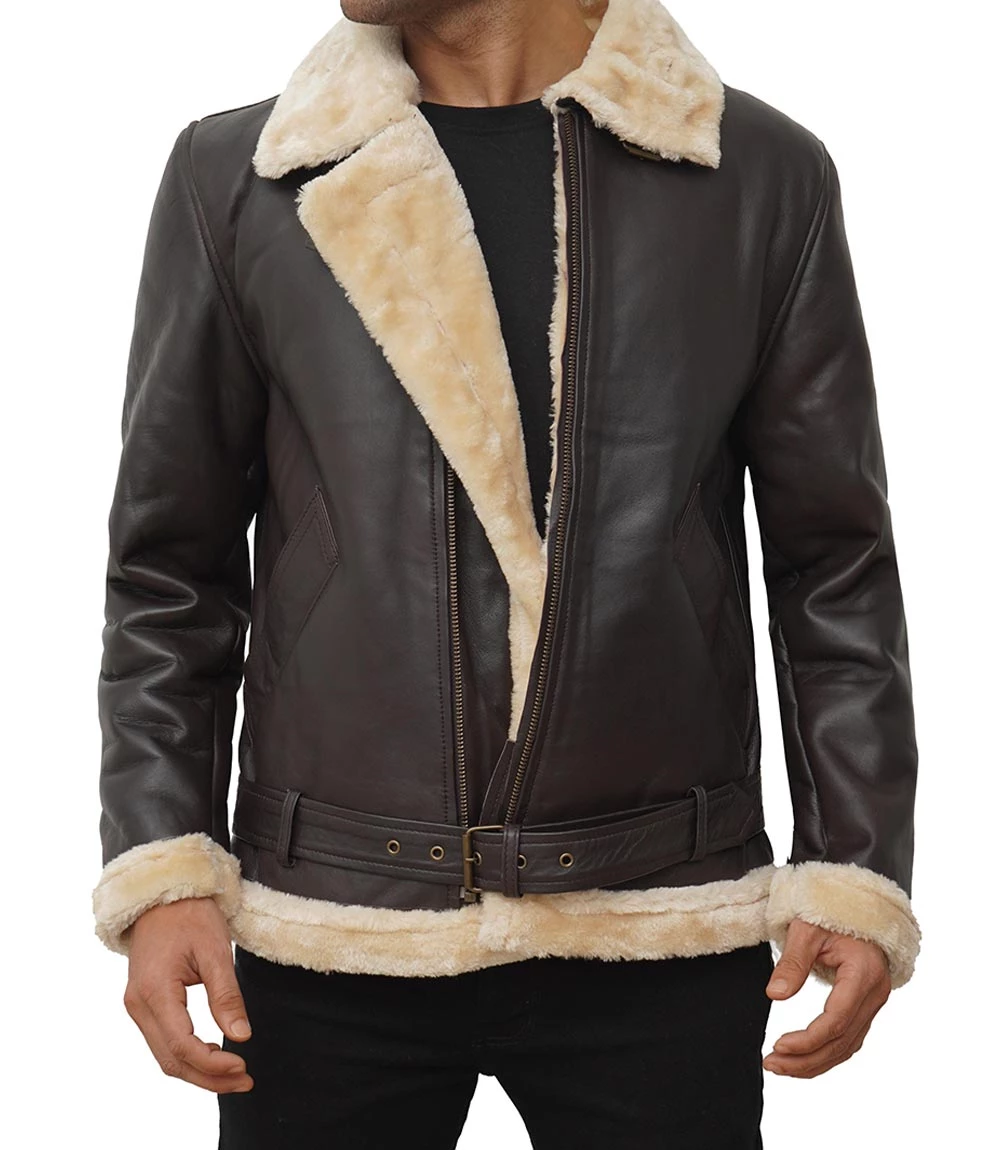 Real Leather Dark Brown Bomber Fur Aviator Jacket Men's