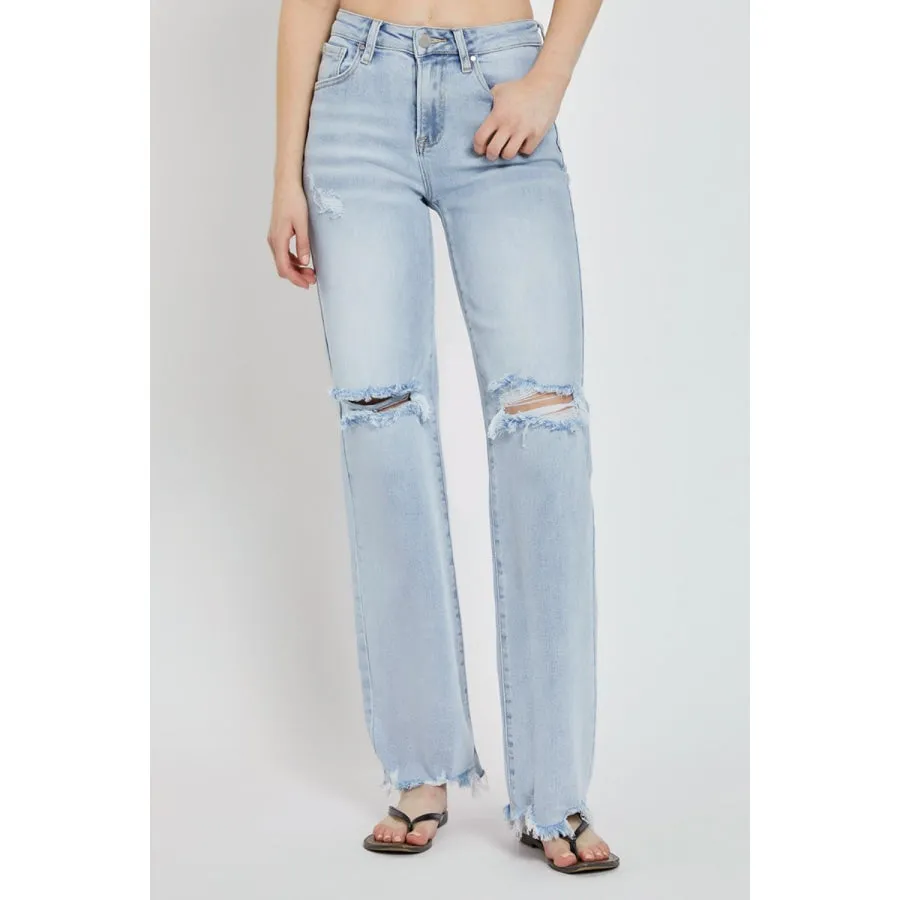 Risen Full Size High Rise Distressed Wide Leg Jeans