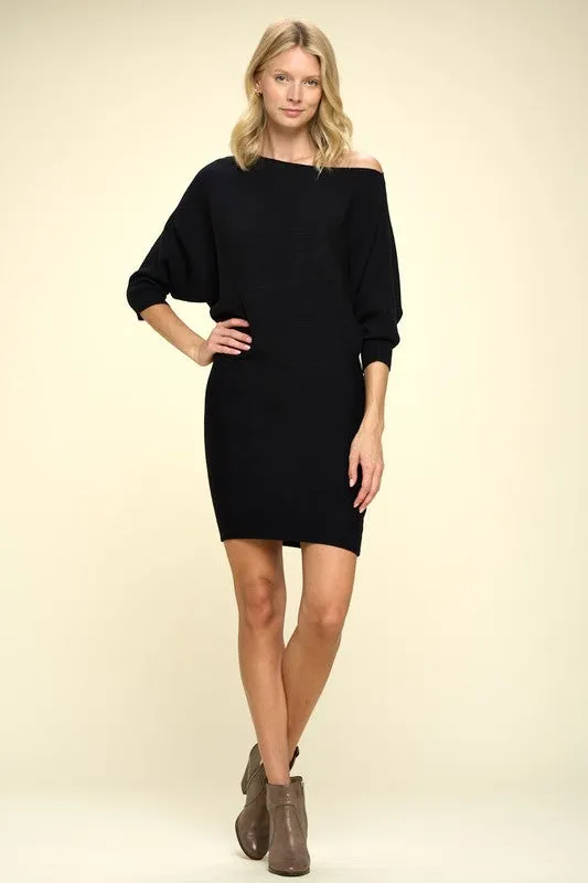 Ryann Ribbed Sweater Knit Dolman Sleeve Dress