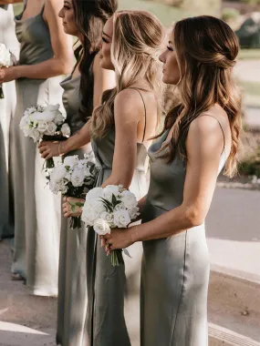 Simple Spaghetti Straps Satin Bridesmaid Dresses with Side Slit, BG372