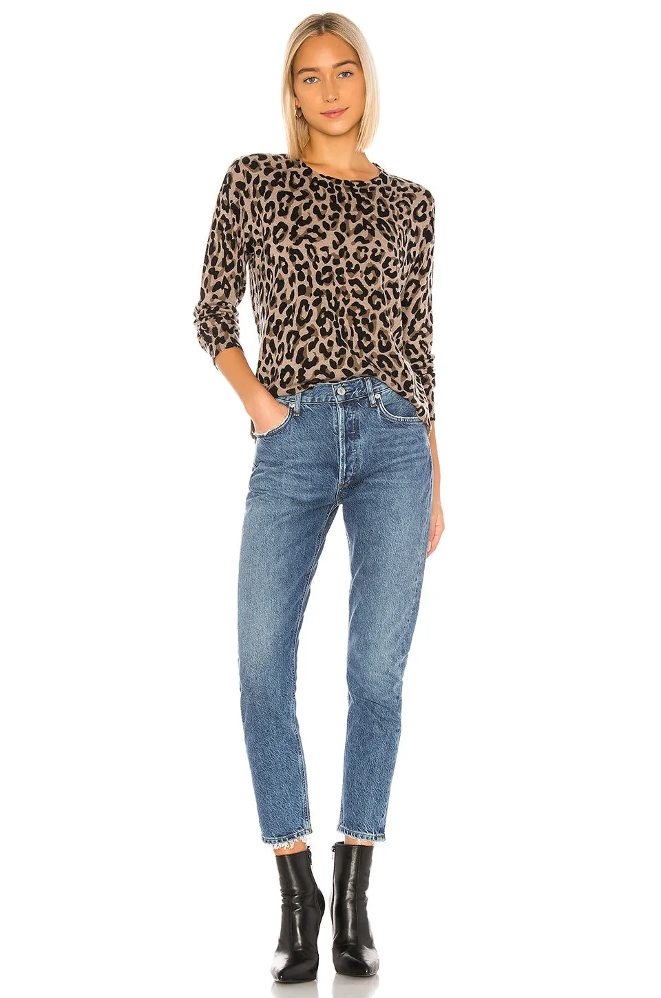 Sundry Leopard Cashmere Blend Crew Neck Sweater