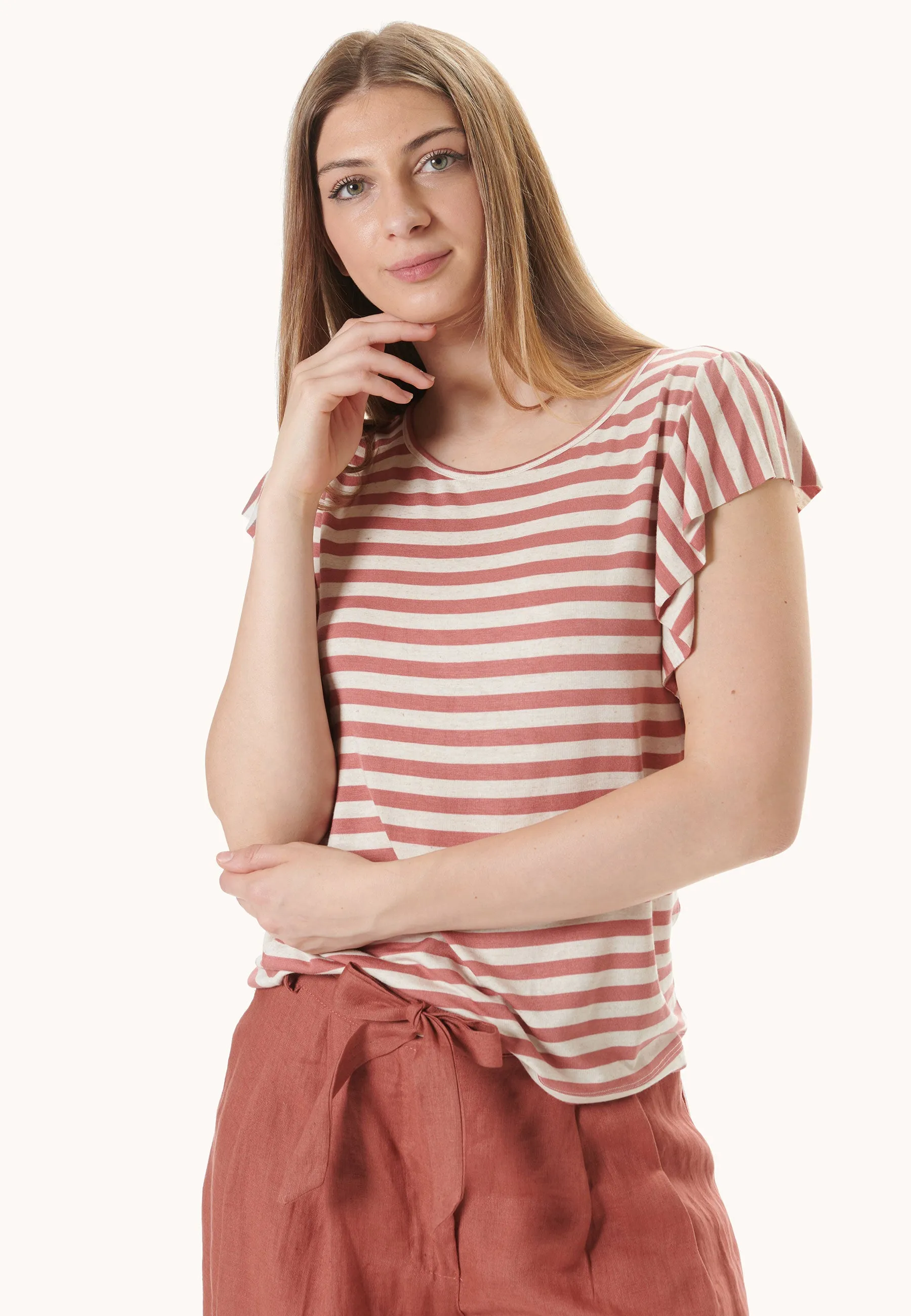 T-shirt righe con ruches giromanica