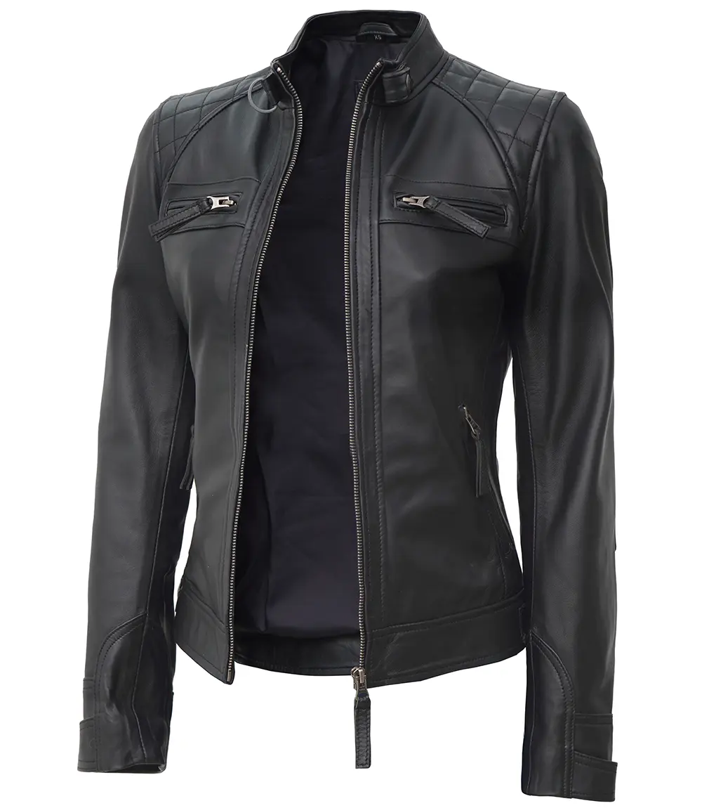 Tall Women Black Quilted Cafe Racer Leather Jacket