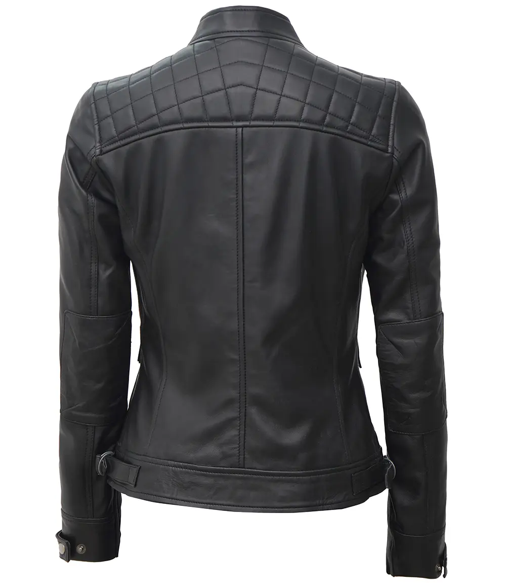 Tall Women Black Quilted Cafe Racer Leather Jacket