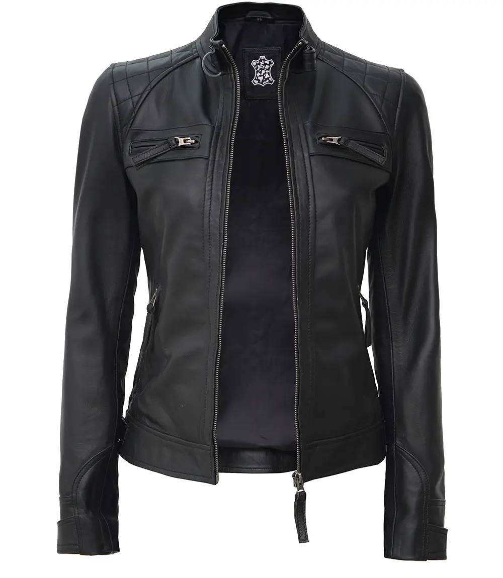 Tall Women Black Quilted Cafe Racer Leather Jacket