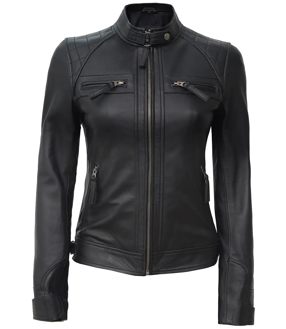 Tall Women Black Quilted Cafe Racer Leather Jacket