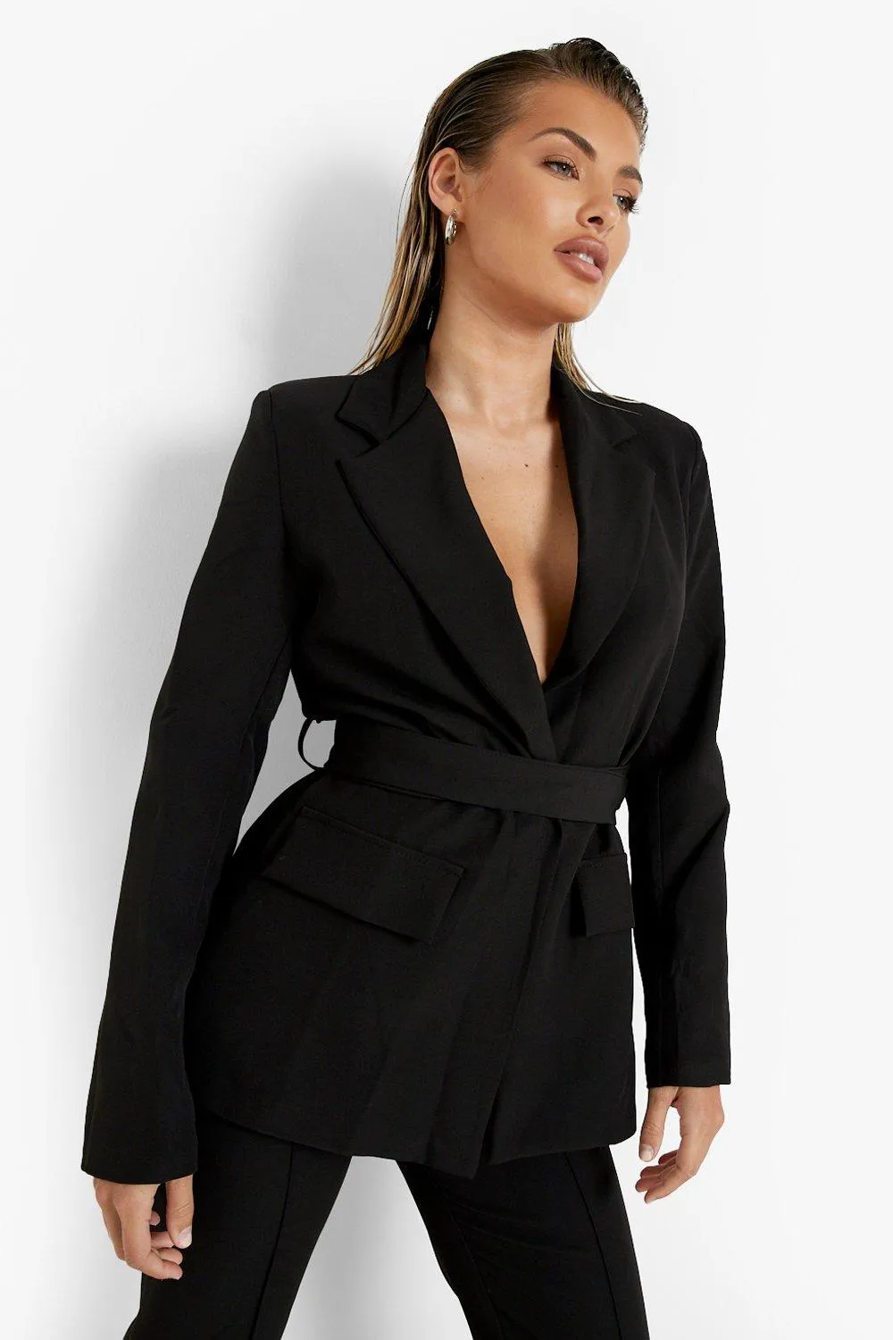 Tie Waist Plunge Front Fitted Blazer