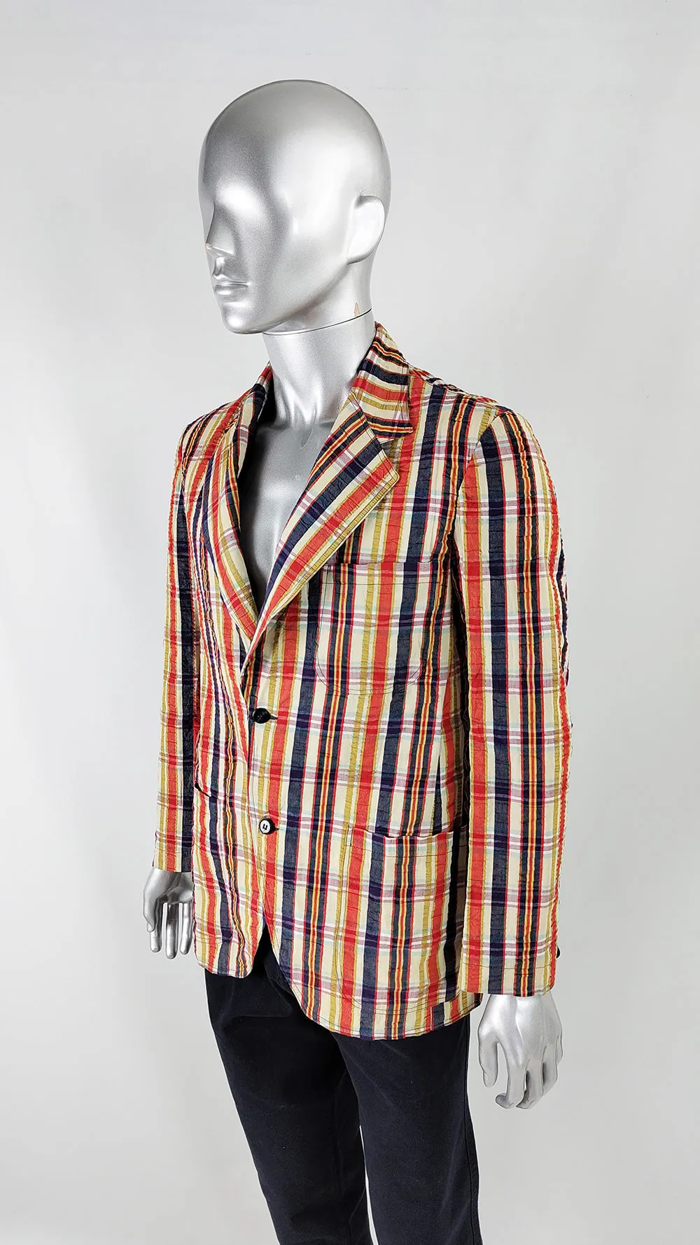 Trenco Vintage 70s Mens Bold Checked Seersucker Blazer, 1970s