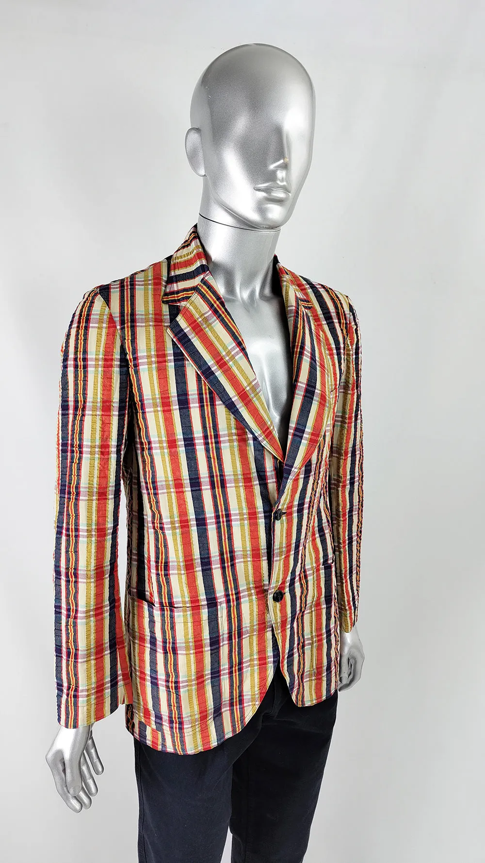 Trenco Vintage 70s Mens Bold Checked Seersucker Blazer, 1970s