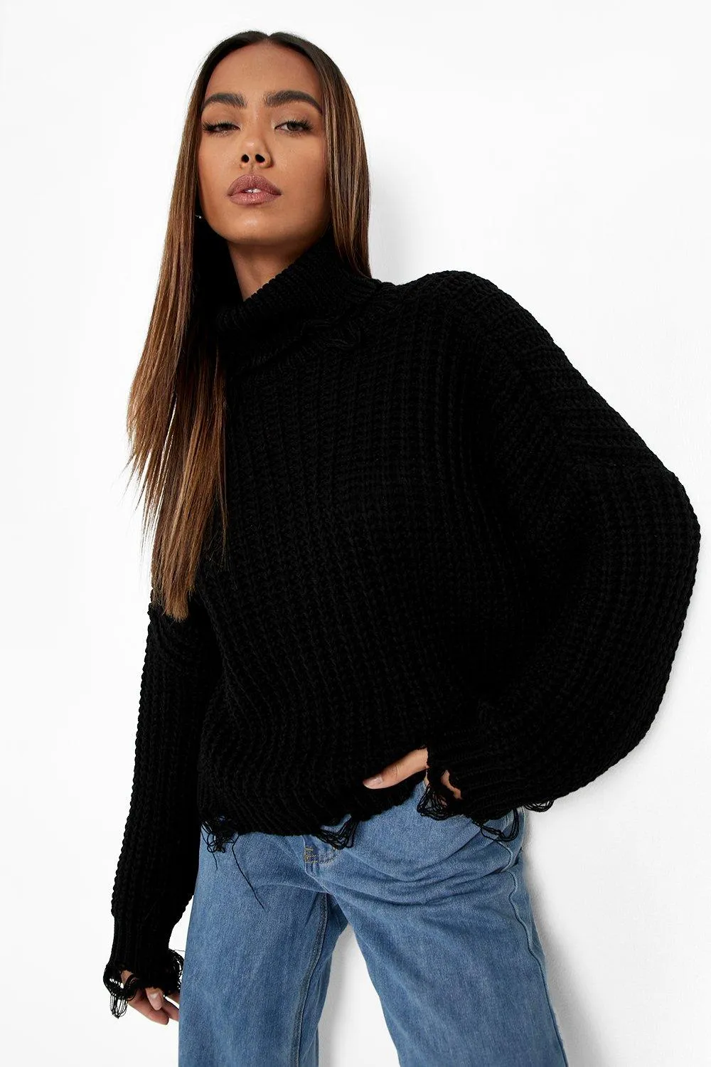 Turtleneck Distressed Hem Sweater