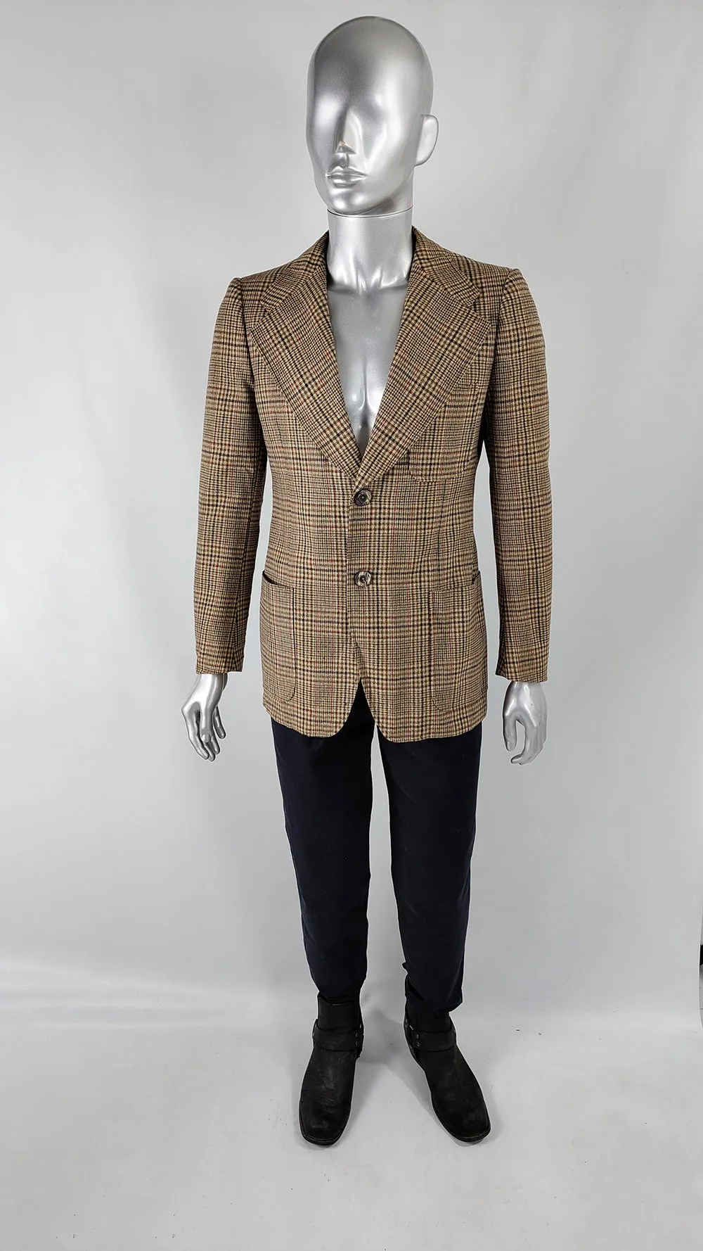 Vintage 70s Mens Wide Lapel Patch Pocket Check Blazer, 1970s