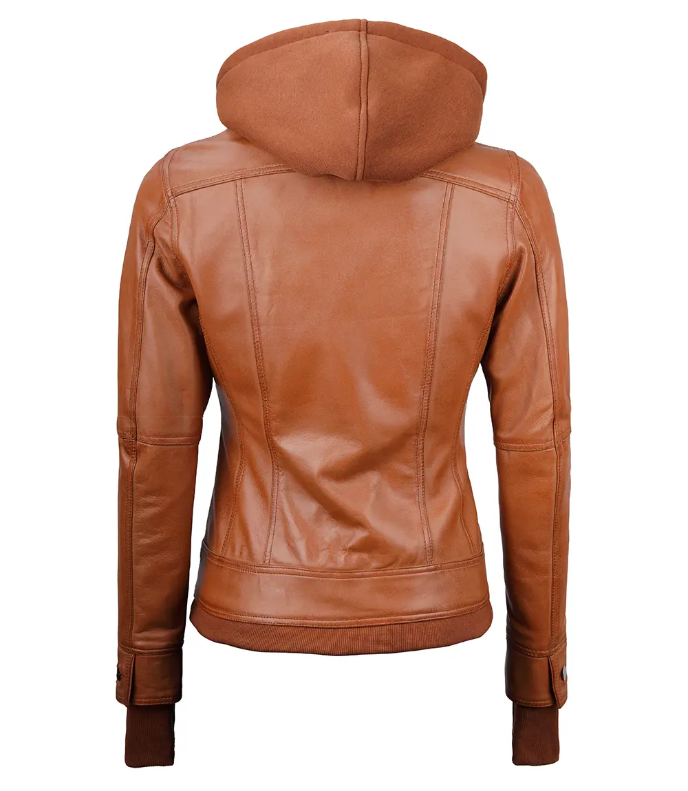 Women's Tan Wax Bomber Real Leather Jacket with Detachable Hood 