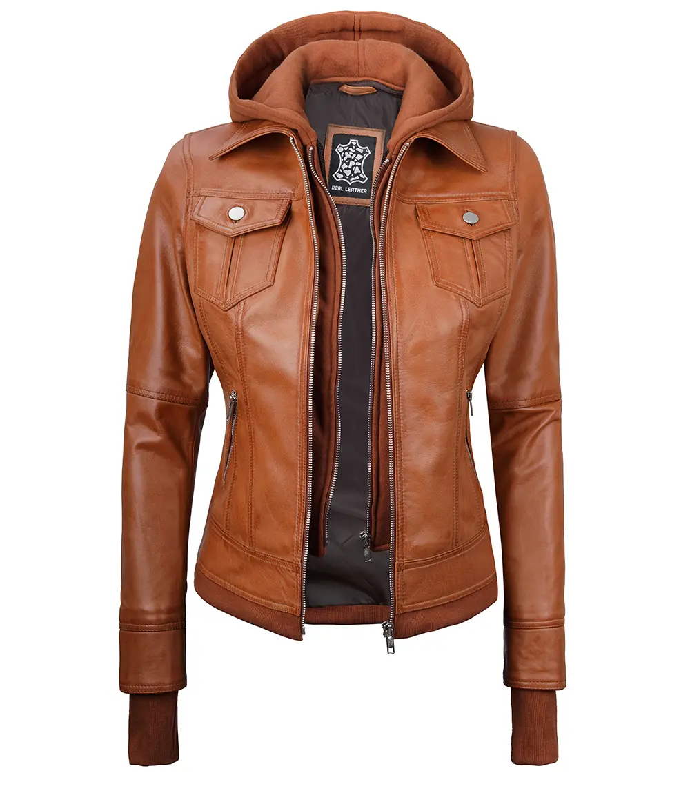 Women's Tan Wax Bomber Real Leather Jacket with Detachable Hood 