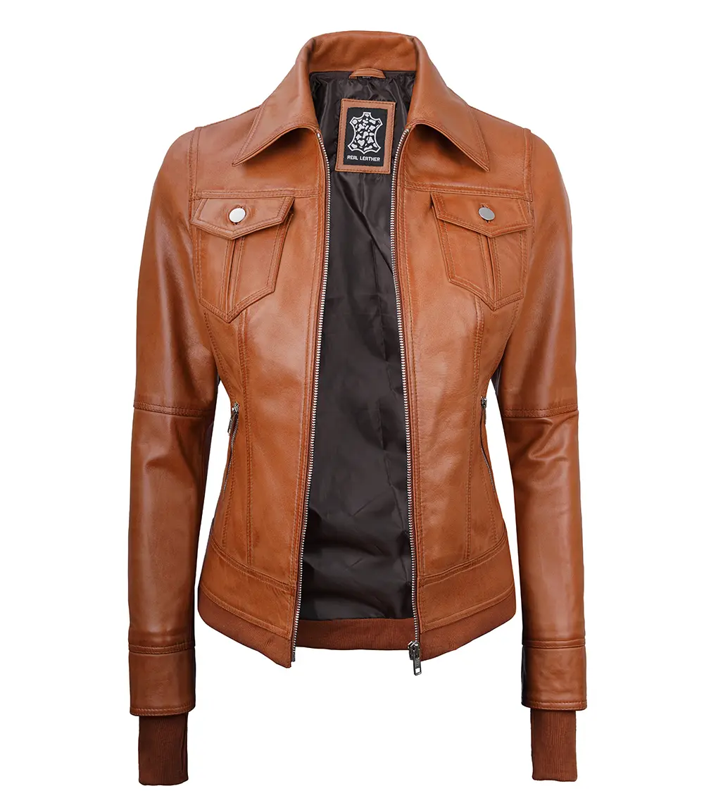 Women's Tan Wax Bomber Real Leather Jacket with Detachable Hood 