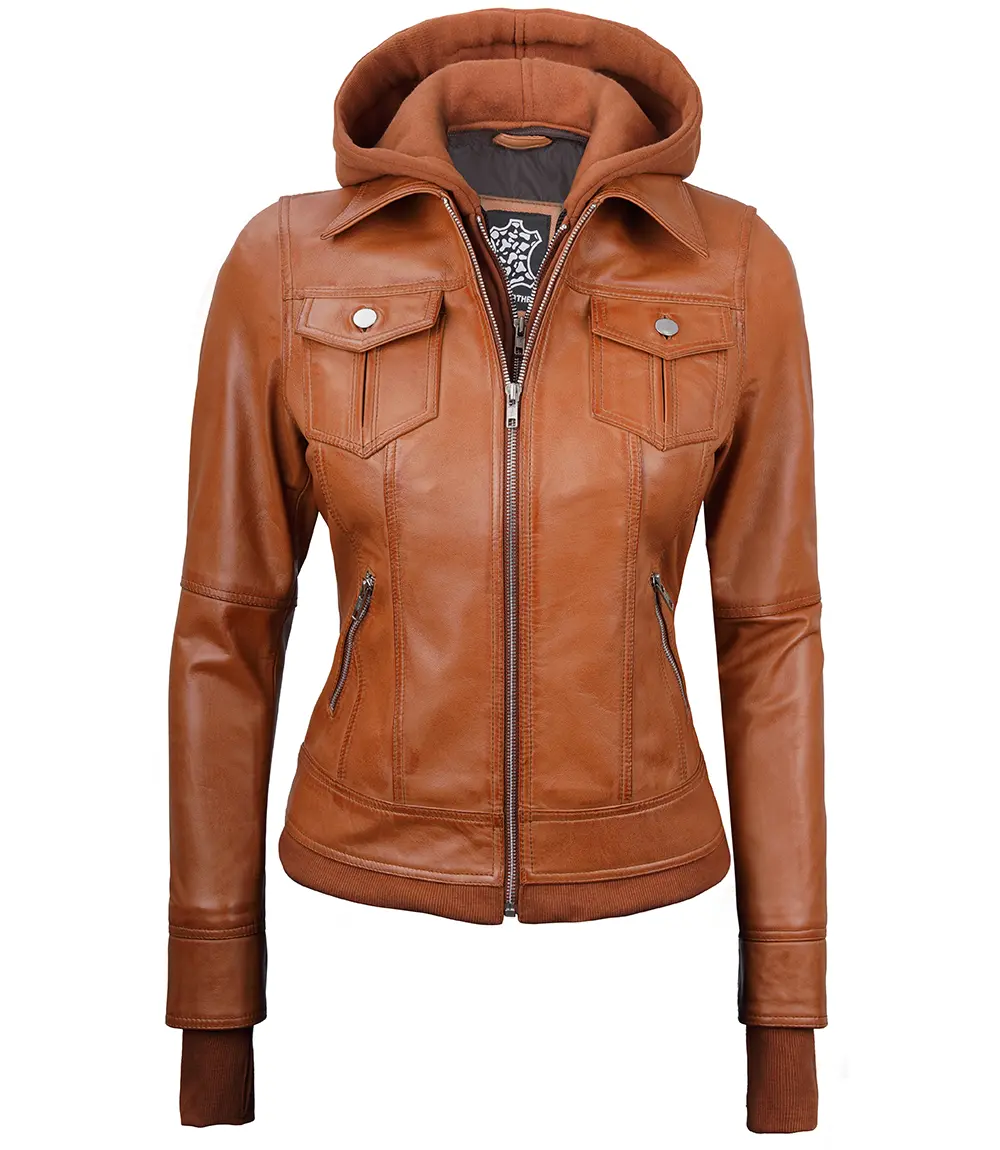 Women's Tan Wax Bomber Real Leather Jacket with Detachable Hood 