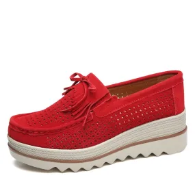 Women's Concise Hollow Red Casual Round Toe Slip-on Platform Shoes