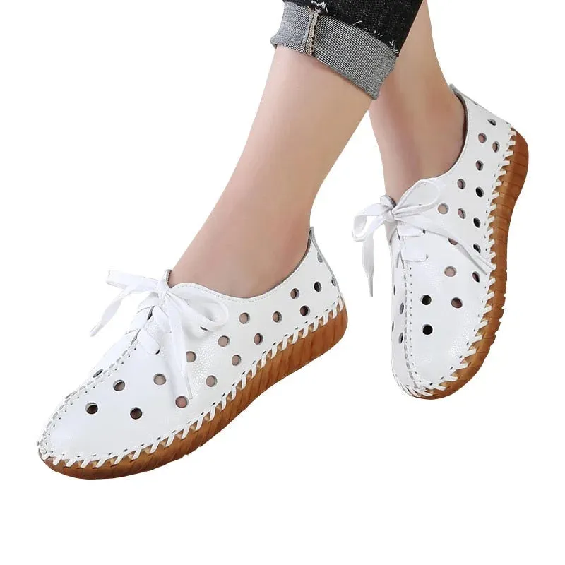 Women's Genuine Leather Round Toe Solid Pattern Lace-up Flat Shoes