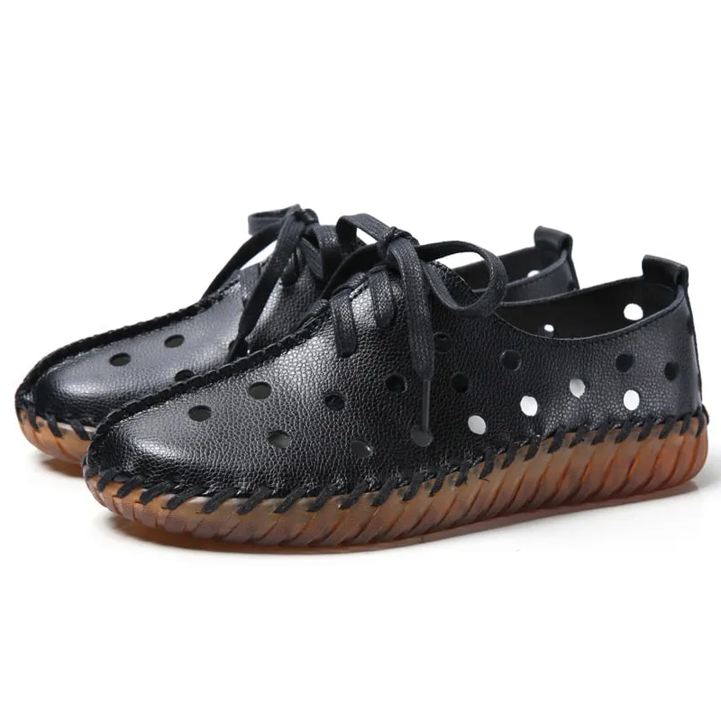 Women's Genuine Leather Round Toe Solid Pattern Lace-up Flat Shoes