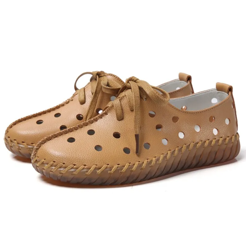 Women's Genuine Leather Round Toe Solid Pattern Lace-up Flat Shoes