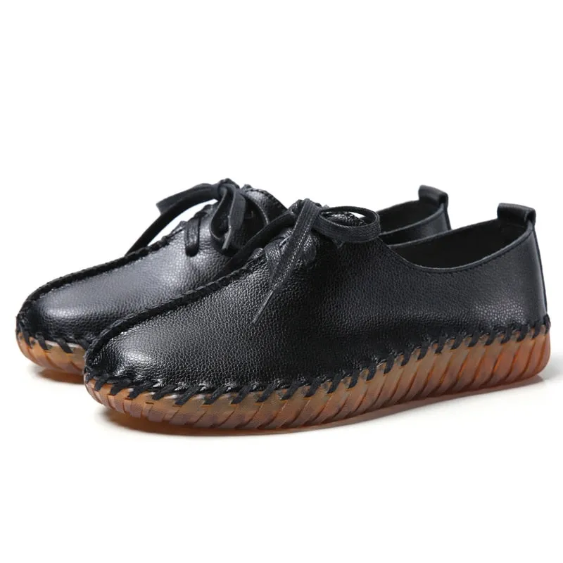 Women's Genuine Leather Round Toe Solid Pattern Lace-up Flat Shoes