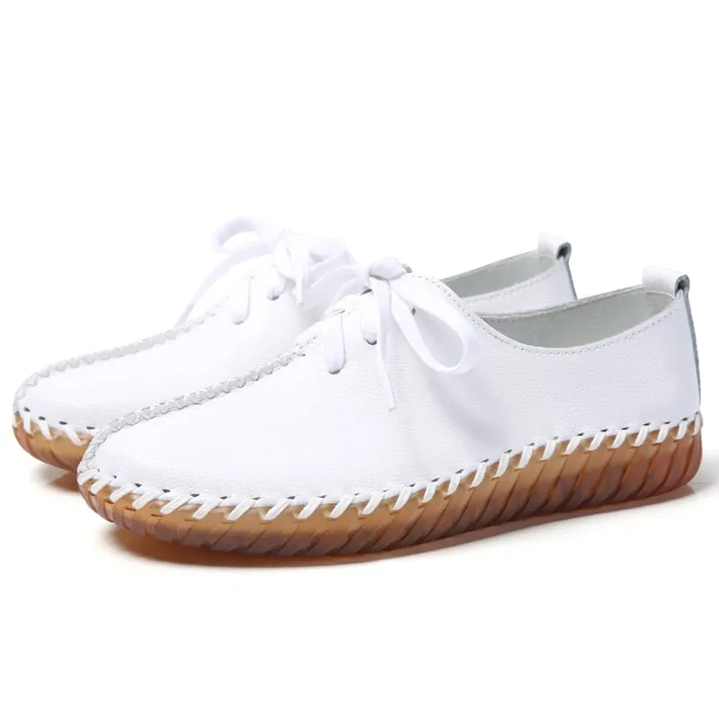 Women's Genuine Leather Round Toe Solid Pattern Lace-up Flat Shoes