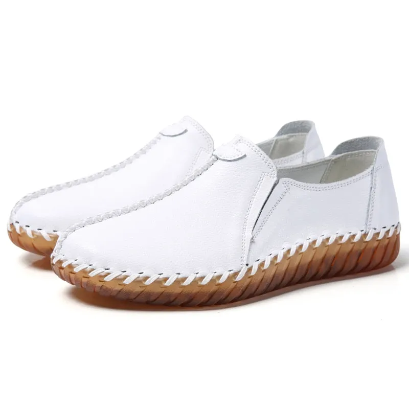 Women's Genuine Leather Round Toe Solid Pattern Lace-up Flat Shoes