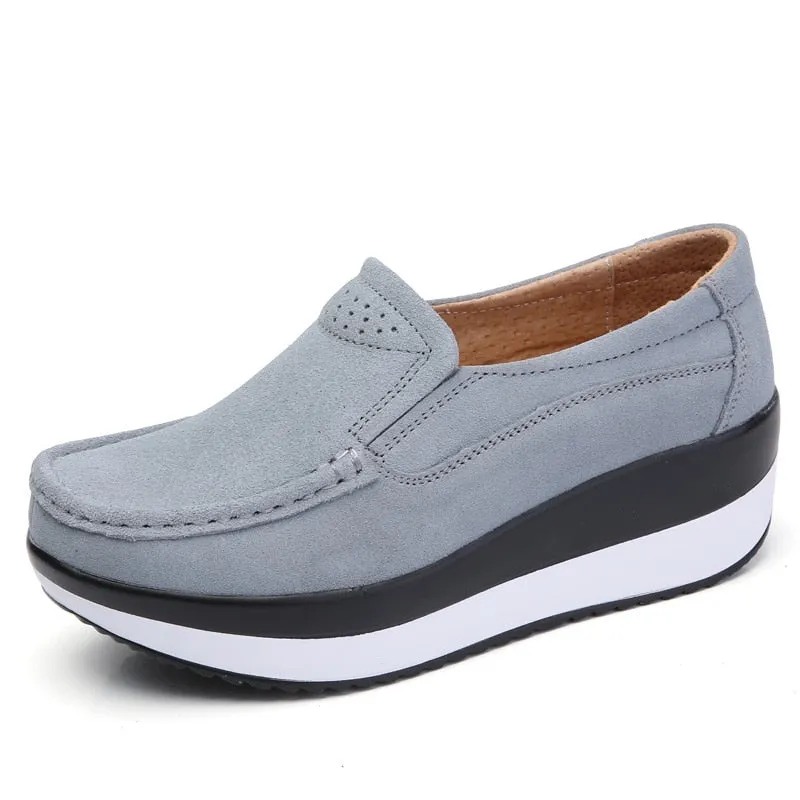 Women's Light Steel Blue Genuine Leather Slip-on Round Toe Casual Shoes