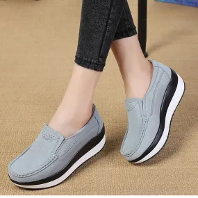 Women's Light Steel Blue Genuine Leather Slip-on Round Toe Casual Shoes