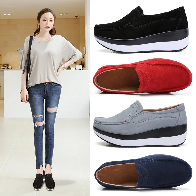 Women's Light Steel Blue Genuine Leather Slip-on Round Toe Casual Shoes