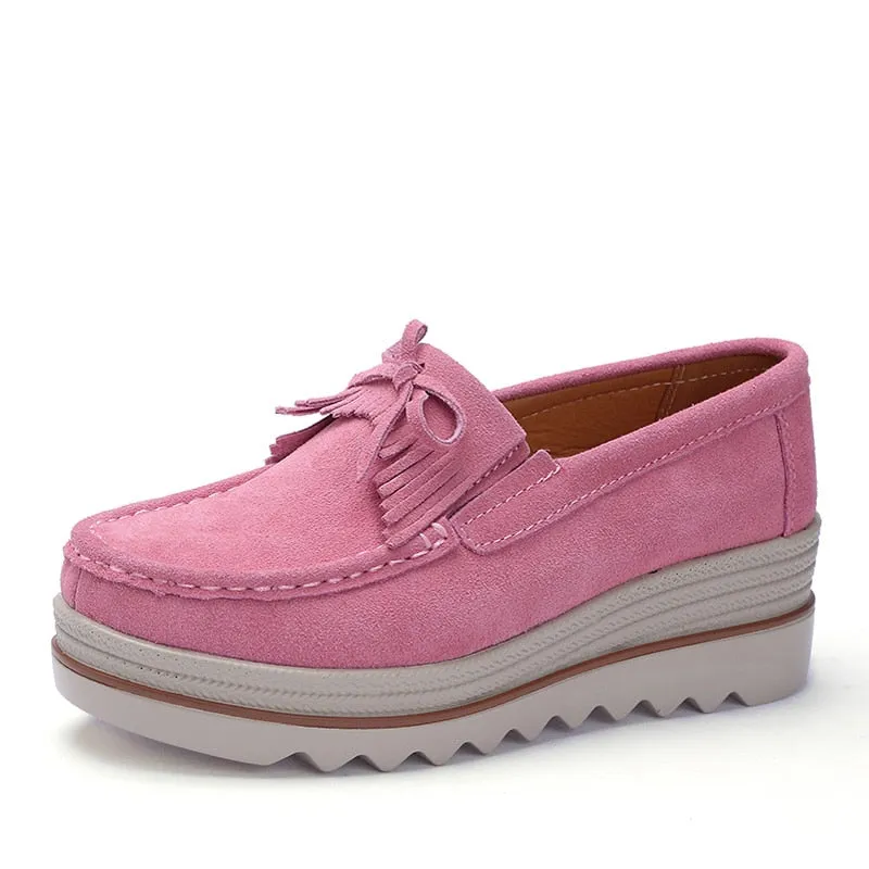 Women's Pink Genuine Leather Round Toe Slip-on Platform Moccasins