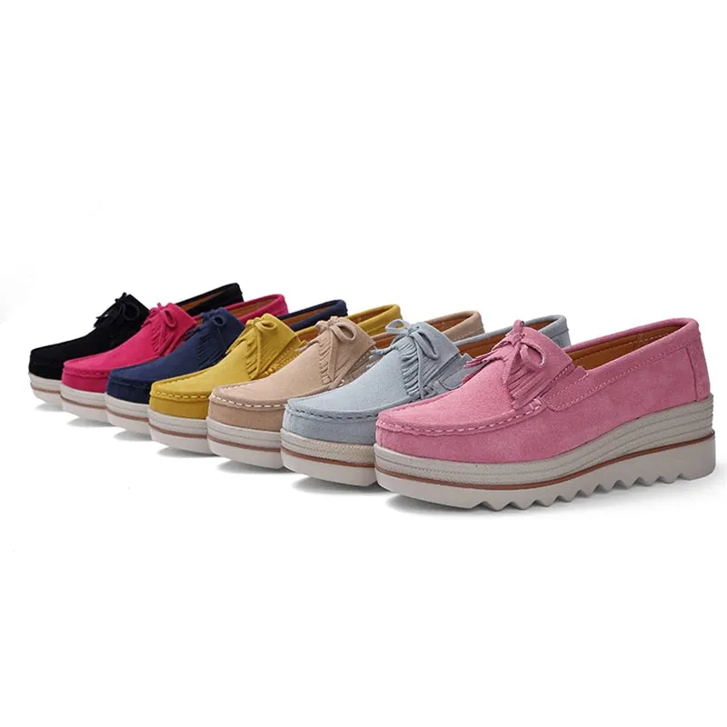 Women's Pink Genuine Leather Round Toe Slip-on Platform Moccasins