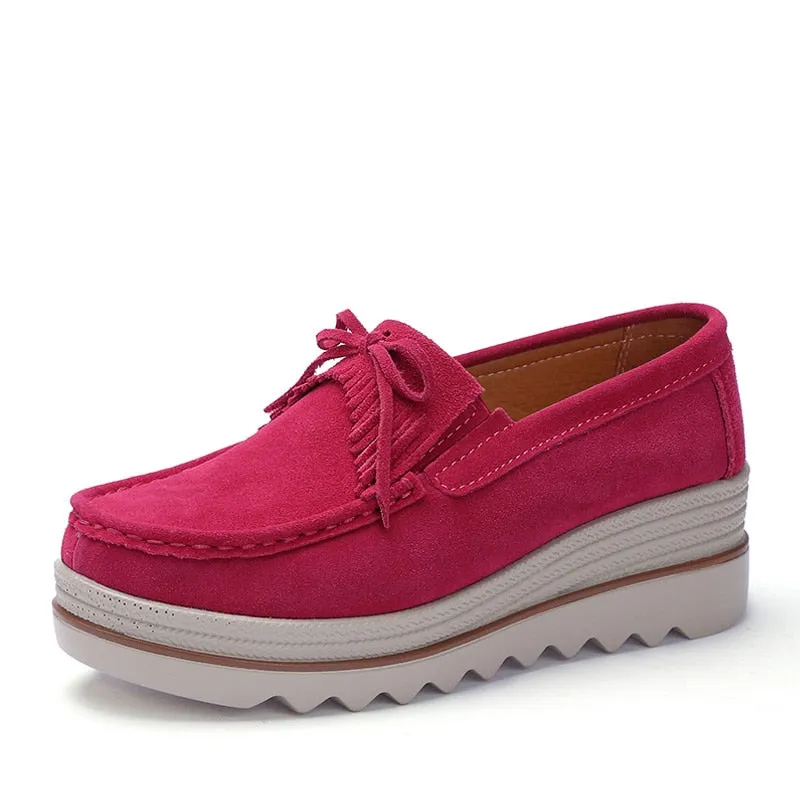 Women's Rose Red Genuine Leather Round Toe Slip-on Platform Moccasins