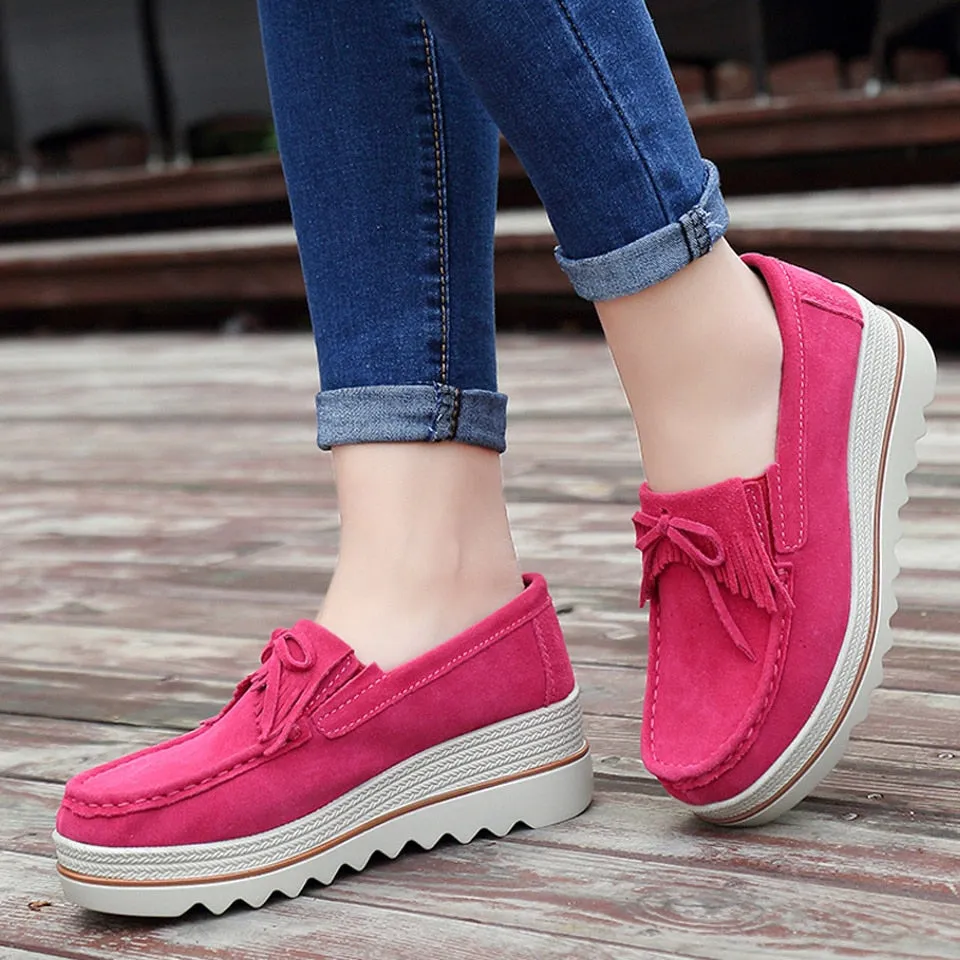 Women's Rose Red Genuine Leather Round Toe Slip-on Platform Moccasins