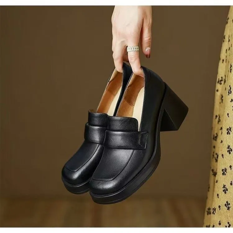 Women's Spring Autumn Retro Style Solid High Heel Slip-on Loafers