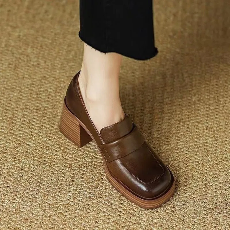 Women's Spring Autumn Retro Style Solid High Heel Slip-on Loafers